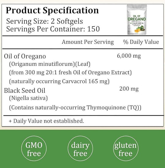 ImmuneMax Dual Formula: Oil of Oregano and Black Seed Oil.
300 Softgels 6000 Mg Bag